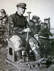 Japanese Pilots in Basic Training, Using Wooden Joystick, Rudder Bar and Throttle
