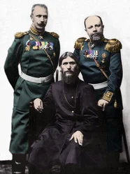 Grigory Rasputin with Captain von Lohman, and Prince Colonel Putyatin