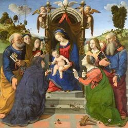 Madonna and Child Enthroned with Saints Peter, John the Evangelist, Elizabeth of Hungary, Catherine of Alexandria and Angels
