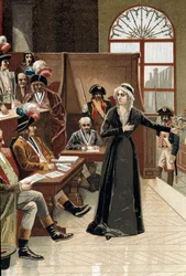 French Revolution: the queen of France Marie Antoinette before the judge during her trial on 14 October 1793 (drawing)