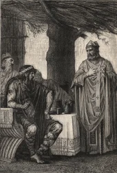 Saint Gregoire of Tours opposing Chilperic I, engraving by Pierre Fritel