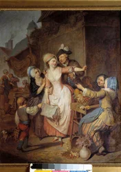The Seduction. A man seduces a young woman by offering her a bouquet of flowers; another woman seems to warn her. Painting by Pierre-Alexandre Wille dit Wille Fils (1748-1821). 1778. Paris, Museum of Decorative Arts