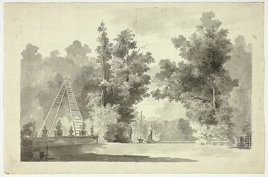 View of the Park at Versailles: Arch of Ladders with Plants; Statuary