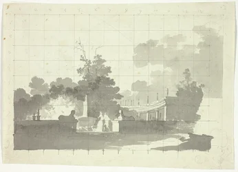 View of the Park at Versailles: Two Sphinxes and a Couple Near a Colonnade