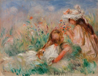 Girls in the Grass Arranging a Bouquet