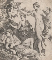 Venus, standing with the three Graces, is offered a flower from a putto, 1607-61