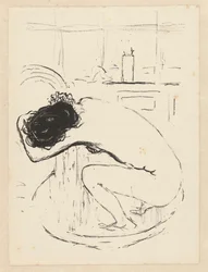 Nude woman crouching in a tub and washing herself