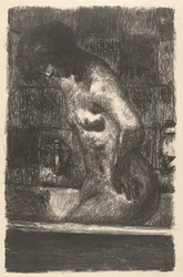 Standing naked woman washing herself in a bath