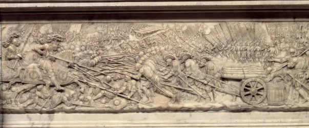 The Battle of Marignan in 1515. Tomb of the Heart of the King of France Francois I: Low relief by Pierre Bontemps