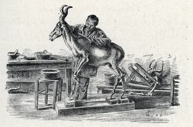 Taxidermy: A taxidermist stuffed hartebeest in his workshop Engraving from “Excursion a travers les metiers” by Pierre Calmette Collection privee