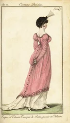 Woman in satin tunic dress and velvet toque, Paris