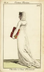 Woman in white dress with veil over half her hair, Paris