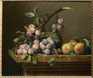 Prunes, Squashes and Peaches on a Marble Table