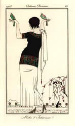 Woman in short-sleeved top and white skirt