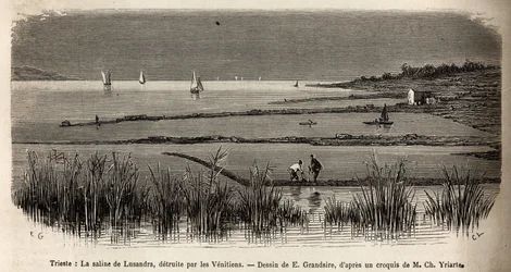 The saline of Lusandra near Trieste, destroyed by the Venetians. Engraving by E. Grandsire illustrating a voyage to Istria and Dalmatia by Charles Yria