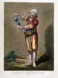 Seller of coffee by the streets, “Collection of 100 prints representing different nations of the Levant in 1707 and 1708” by orders of M. de Frriol, ambassador of the king at the Porte and updated in 1712-13 by the care of M. Le Hay, Basan engraver, Paris