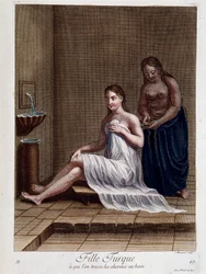 Turkish girl to whom hair is braided in the bath - in “Collection of 100 prints representing different nations of the Levant in 1707 and 1708” by orders of M. de Frriol, ambassador of the king at the Porte and updated in 1712-13 by the care of M. Le Hay