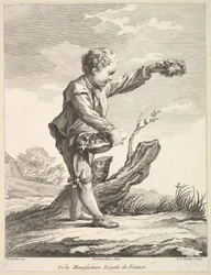 Little Boy Holding a Wreath and Basket of Flowers, from Deuxième Livre de Figures