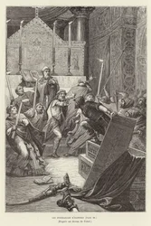 The Funerals of Hastings. Vikings attacking a French church at the funeral of their leader, Hasting, after he feigned death