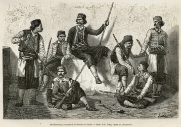 The Krivoscians, mountaineers of the Bouches de Cattaro, resisting Austrian troops. Engraving after P. Fritel