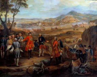 The siege of Fribourg in Brisgau on 11 October 1744. Louis XV directs the military operations