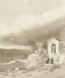 Two Kneeling Figures on the Steps of a Chapel in the Mountains