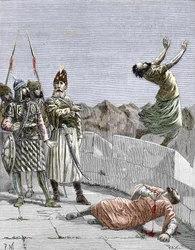 Ismaili sect of the East, or murderers, founded by Hassan ibn al-Sabbah (1036-1124), known as the Old Man of the Mountain, depiction of him ordering two of his fanatic followers to kill themselves, Alamut, Persia, around 1096