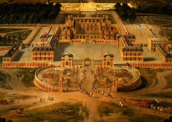 View of the Chateau, Gardens and Park of Versailles from the Avenue de Paris, detail of the Chateau, 1668, detail of 81242