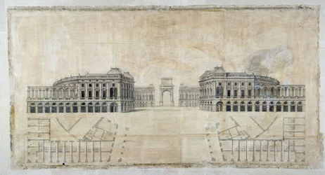 Architecture: Project of Place Royale for Marseille, perspective looking at the harbour and floor plan
