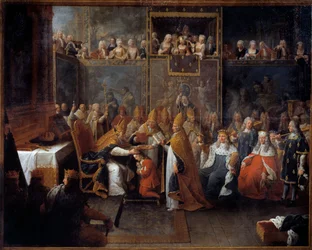 The coronation of Louis XV. King Louis XV (1710-1774) was crowned and consecrated on 25/10/1722 in Reims Cathedral by the Archbishop of Reims in the presence of the Regent, the Duke of Orléans (1674-1723), and a large crowd