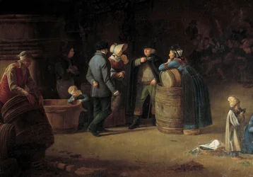 An owner visiting his cellar in Burgundy. A winegrower checks the state of wine production at his vineyard. Detail. 19th century. Beaune