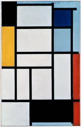 Composition with red, black, yellow, blue and grey