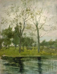 Two Trees Silhouetted behind a Water Course