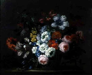 Still Life of Roses, Peonies, Tulips and Morning Glory in a Basket
