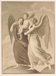 Two Angels Carrying a Child Across the Divide of Two Globe-like Worlds