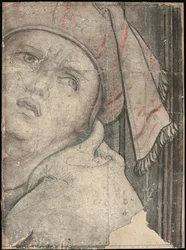 Head of a man in a turban looking upwards