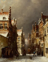Winter Street Scene with Children throwing Snow Balls