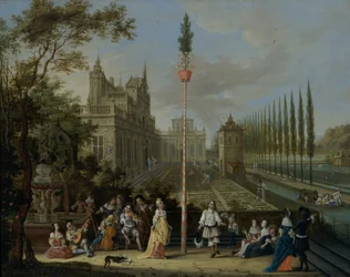 Figures Dancing Around a Maypole, in the Grounds of a Castle