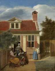 A company in the courtyard behind a house