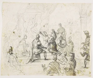 Figures Kneeling Before King on Throne