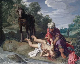 The Good Samaritan tending the wounds of the traveller (Luke 10:25-37)