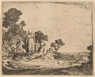 Woman and Child Standing near a Seated Peasant