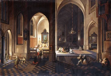 A Church at Night with a Priest celebrating Mass in a side Chapel