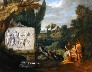 A Classical landscape with maidens dancing by a sarcophagus depicting the Triumph of Silenus