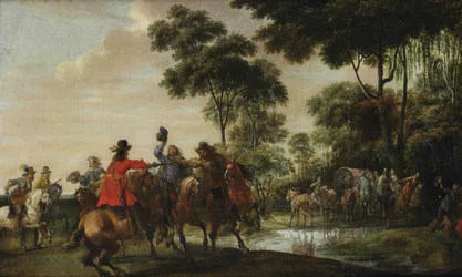 Highwaymen Raiding a Tilt Car by a Forest Stream