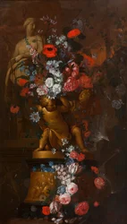 Cascading Flowers with Sculptures of a Female Saint and Golden Putti on a Base with a Nativity Scene in a Garden at Twilight