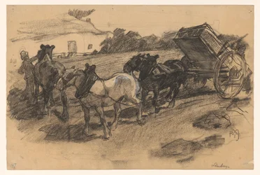 Team of Three Horses Pulling a Wagon on a Sloping Field in Limburg