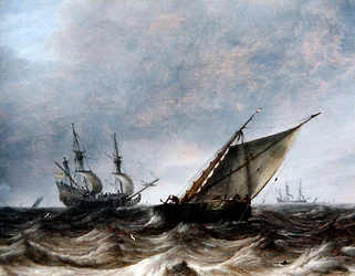 A Smalschip and a Man-of-War in choppy Seas
