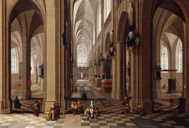 The Interior of a Gothic Cathedral with Townsfolk and Pilgrims