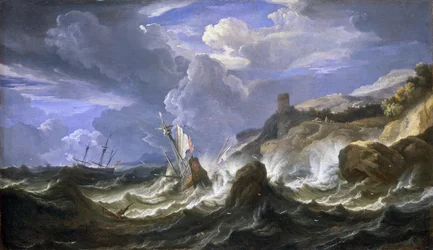 Shipwreck in a storm near a rocky coastline, mid-17th century